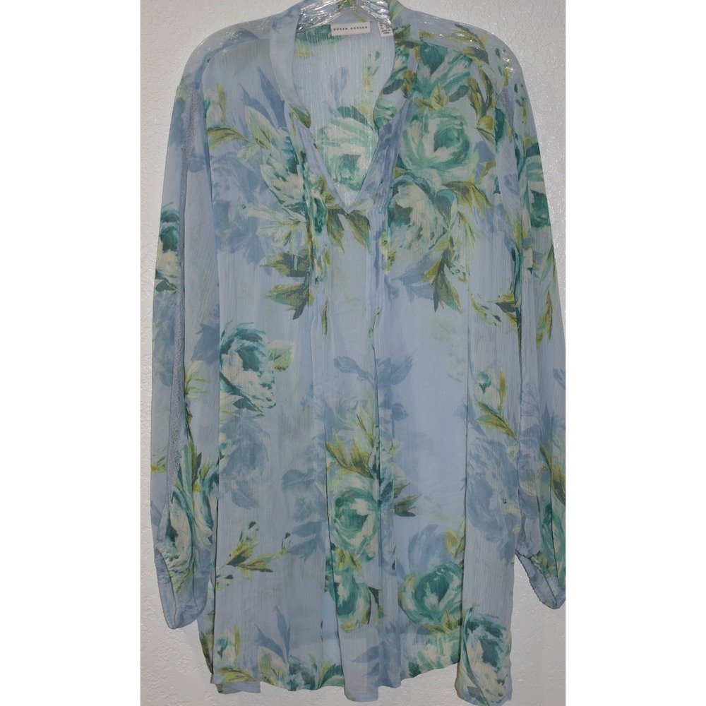 Susan Graver Top 2X Blue Floral Pintuck V-Neck Sheer Lace Sleeve Tunic Blouse - Picture 11 of 16